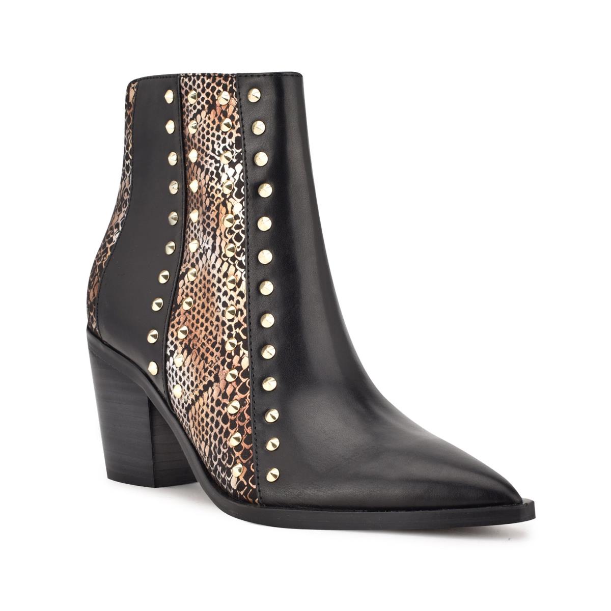 Botines Nine West What Studded Block Heel Mujer Negras Doradas | 0158OVNJU