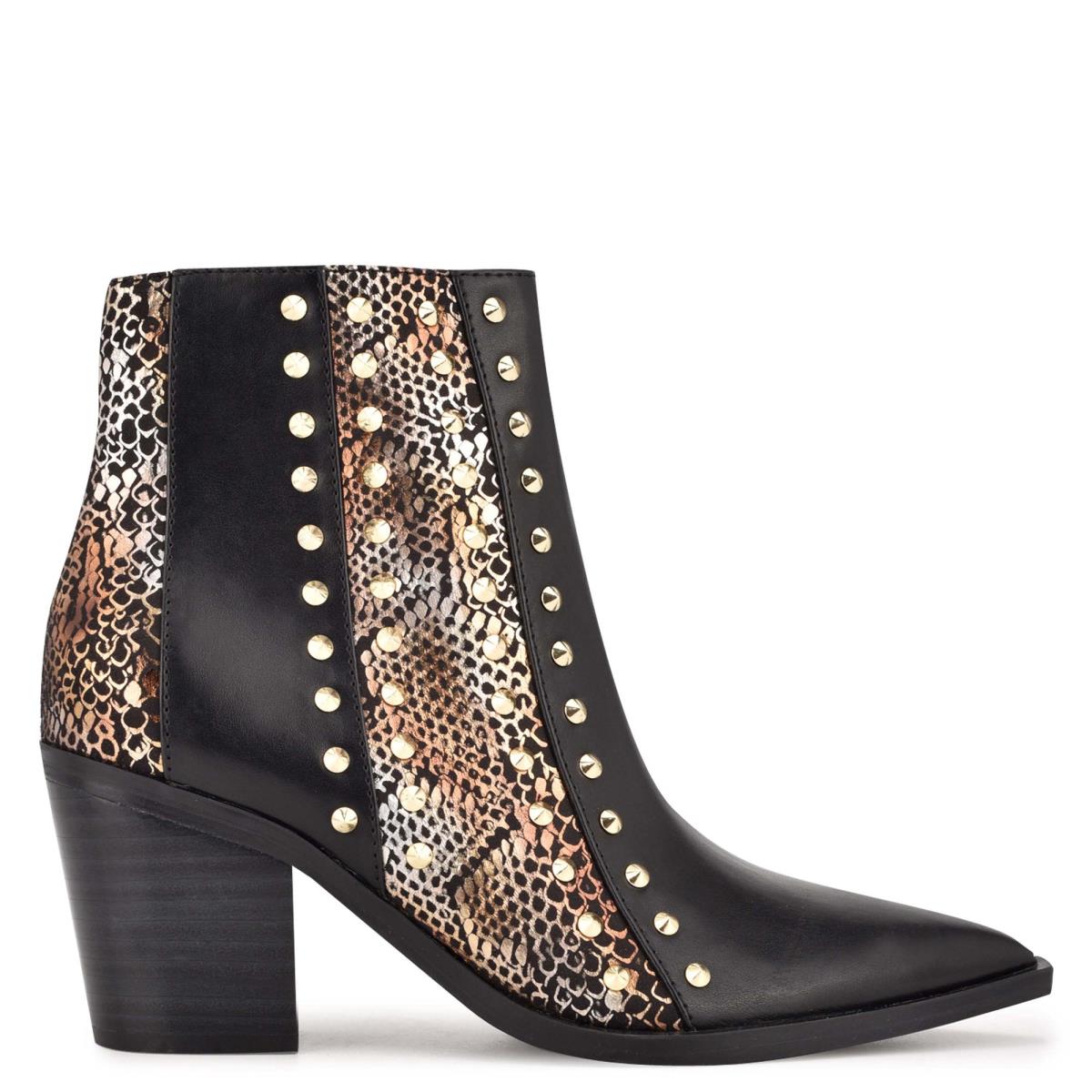 Botines Nine West What Studded Block Heel Mujer Negras Doradas | 0158OVNJU