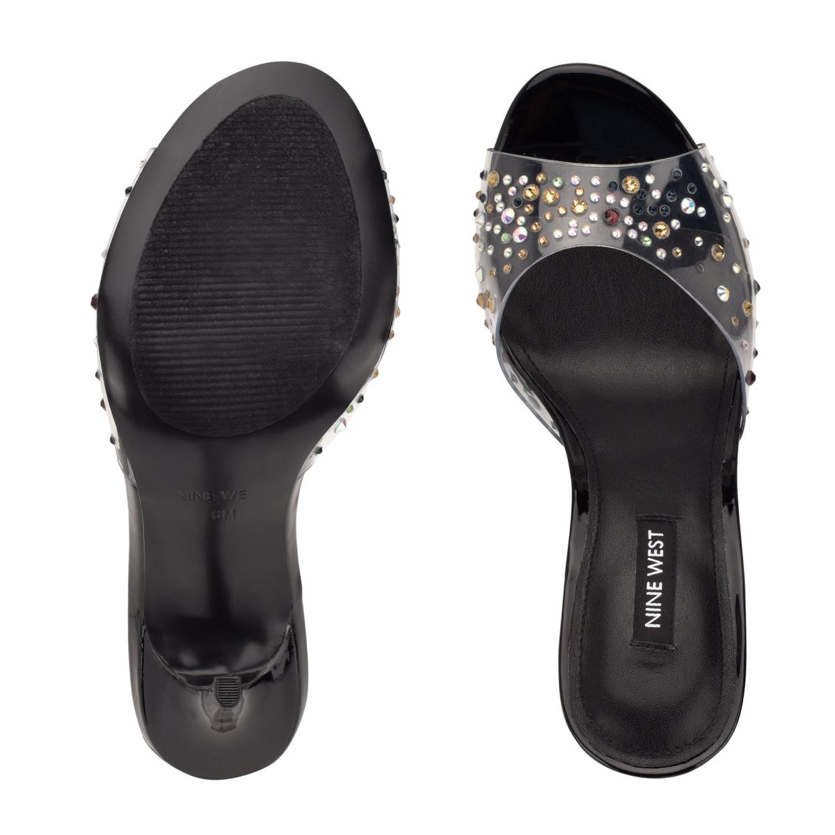 Sandalias Deslizantes Nine West Ido Rhinestone Tacón Mujer Negras | 4928VJZKN