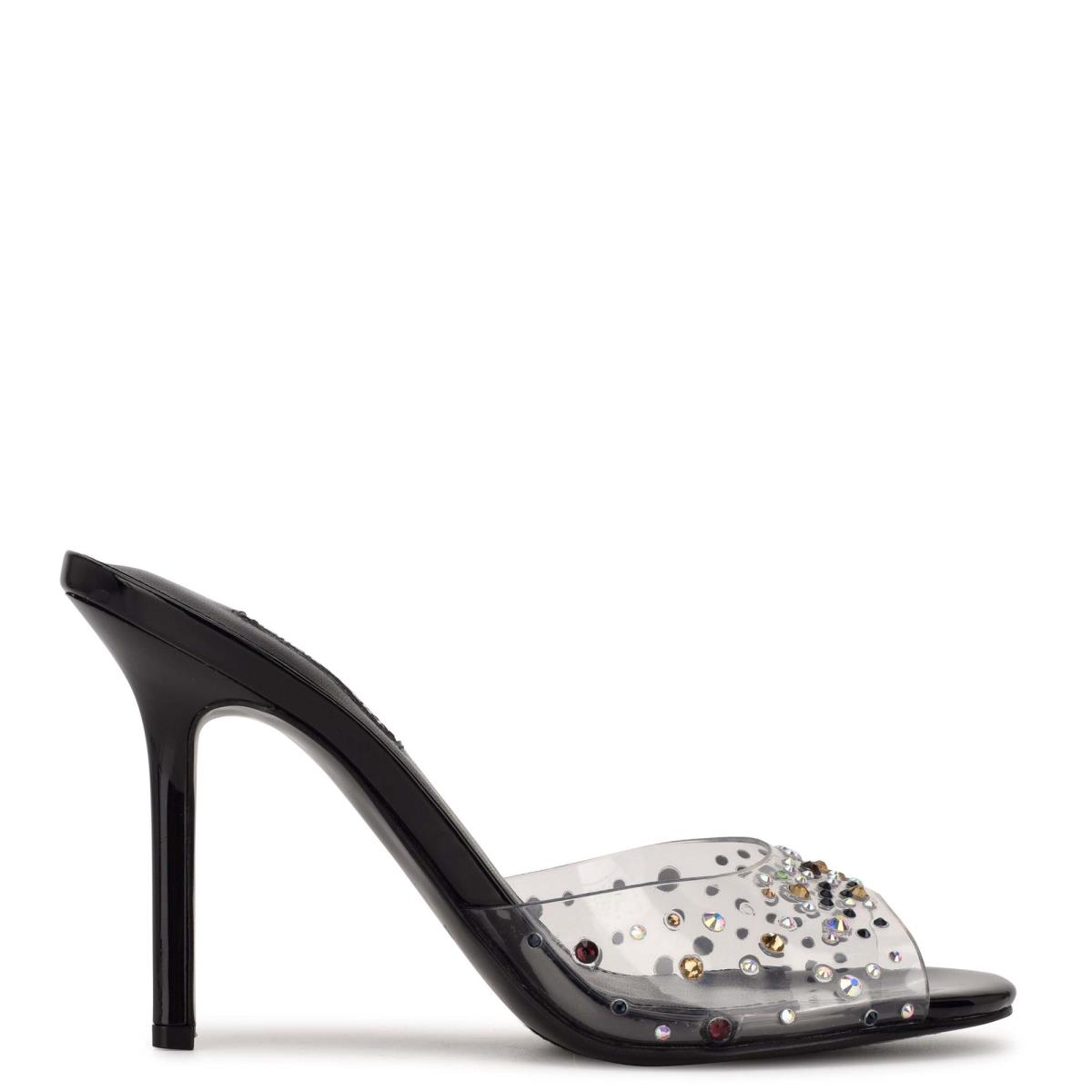 Sandalias Deslizantes Nine West Ido Rhinestone Tacón Mujer Negras | 4928VJZKN